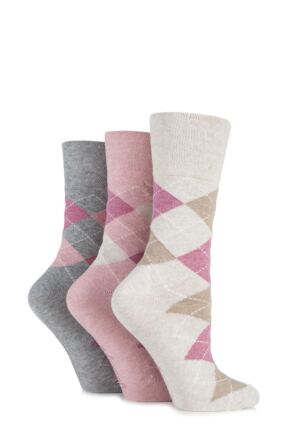 Ladies 3 Pair Gentle Grip Argyle Patterned Cotton Socks