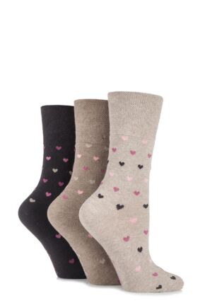 Ladies 3 Pair Gentle Grip Heart Patterned Cotton Socks