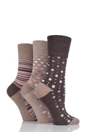 Ladies 3 Pair Gentle Grip Patterned Bamboo Socks Neutral 4-8 Ladies