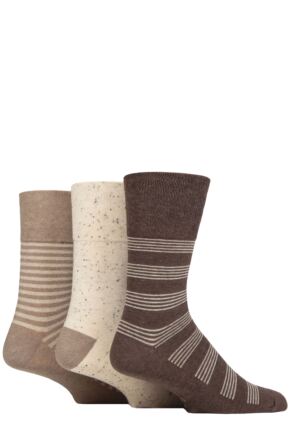 Mens 3 Pair SOCKSHOP Gentle Grip Cotton Holiday Socks Mid Brown / Cream Stripe 6-11