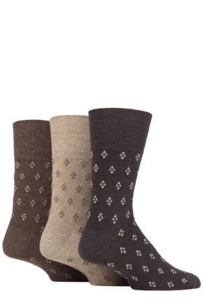 Mens 3 Pair Gentle Grip Cotton Argyle Patterned and Striped Socks Triangle Repeat Brown / Natural 6-11 Mens