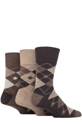 Mens 3 Pair Gentle Grip Argyle Cotton Socks