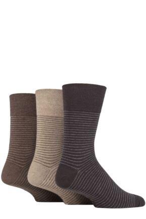 Mens 3 Pair Gentle Grip Cotton Argyle Patterned and Striped Socks Stripe Brown / Natural 6-11