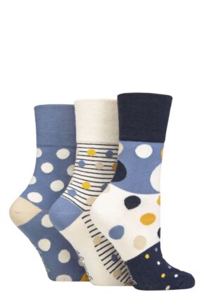 Ladies 3 Pair Gentle Grip Cotton Patterned and Striped Socks