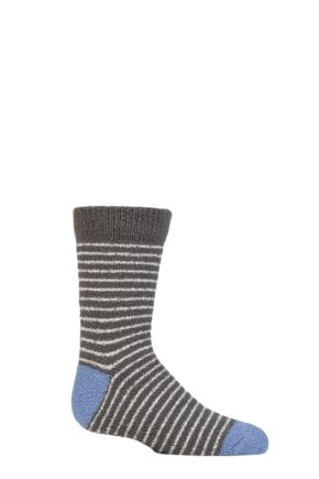 Kids 1 Pair Thought Sammie Stripe and Spot Recycled Polyester Fluffy Socks Dark Grey Marle 0-12 Months