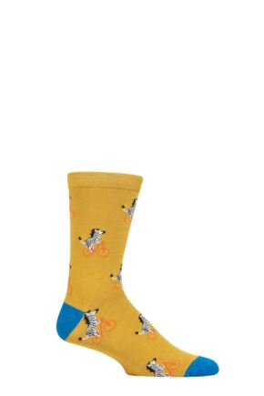 Mens 1 Pair Thought Bamboo and Organic Cotton Animals on Bikes Socks Yellow 7-11 Mens