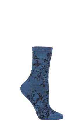 Ladies 1 Pair Thought Fina Bird Organic Cotton Socks Blue Slate 4-7 Ladies