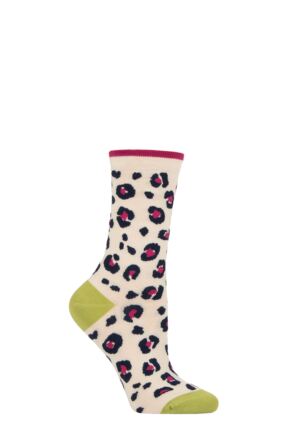 Ladies 1 Pair Thought Leopard Print Organic Cotton Socks Cream 4-7 Ladies