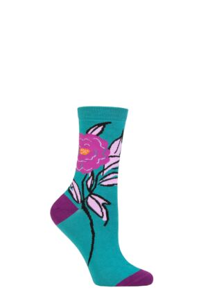 Ladies 1 Pair Thought Rossa Floral Organic Cotton Socks Peacock Green 4-7