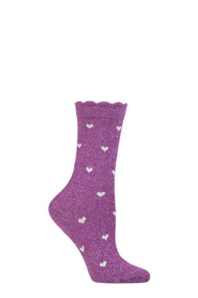 Ladies 1 Pair Thought Crystelle Sparkle Heart Organic Cotton Socks Plum Purple 4-7