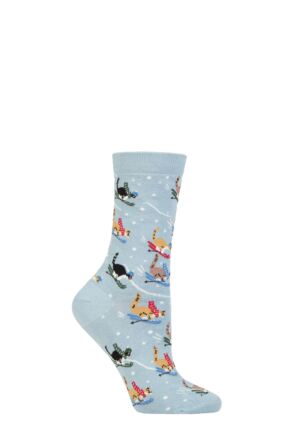 Ladies 1 Pair Thought Amaryllis Skiing Cat Organic Cotton Socks