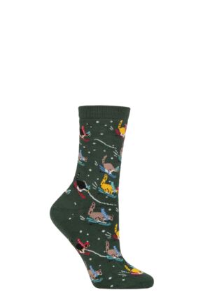 Ladies 1 Pair Thought Amaryllis Skiing Cat Organic Cotton Socks Forest Green 4-7