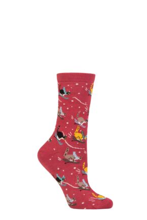 Ladies 1 Pair Thought Amaryllis Skiing Cat Organic Cotton Socks Brick Red 4-7