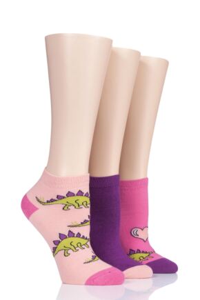 Ladies 3 Pair SockShop Wild Feet Dinosaur Stegosaurus Love Cotton Trainer Socks