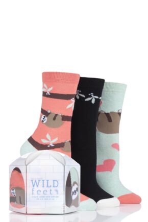 Ladies 3 Pair SockShop Wild Feet Gift Boxed Sloth-Mas Cotton Socks