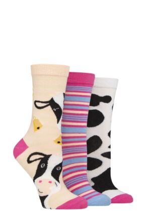 Ladies 3 Pair SOCKSHOP Wildfeet Cotton Novelty Patterned Socks Cow 4-8