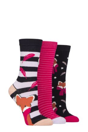 Ladies 3 Pair SOCKSHOP Wildfeet Cotton Novelty Patterned Socks Fox 4-8