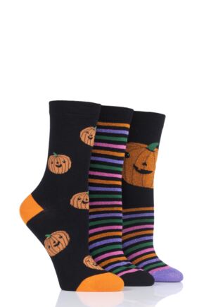 Ladies 3 Pair SockShop Wild Feet Pumpkin Cotton Socks