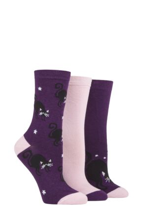Ladies 3 Pair SOCKSHOP Wild Feet Halloween Cat Socks