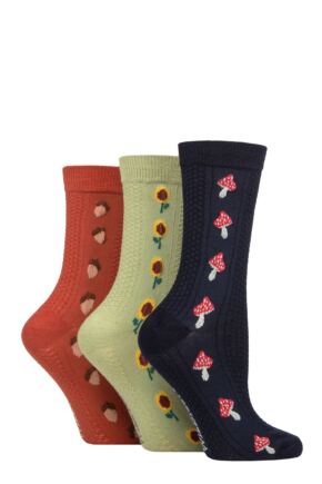 Ladies 3 Pair SOCKSHOP Wildfeet Textured Knit Cotton Socks