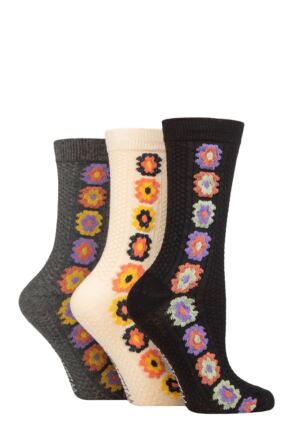 Ladies 3 Pair SOCKSHOP Wildfeet Textured Knit Cotton Socks