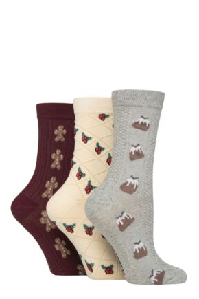 Ladies 3 Pair SOCKSHOP Wildfeet Textured Knit Cotton Christmas Patterned Socks