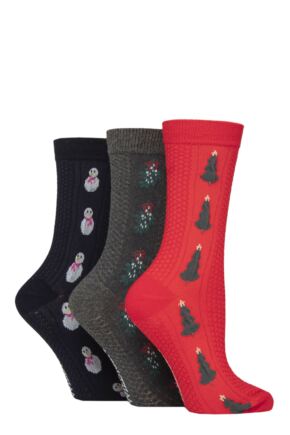 Ladies 3 Pair SOCKSHOP Wildfeet Textured Knit Cotton Christmas Patterned Socks