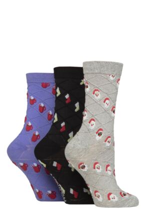 Ladies 3 Pair SOCKSHOP Wildfeet Textured Knit Cotton Christmas Patterned Socks