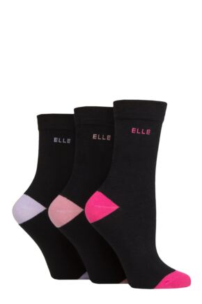 Ladies 3 Pair Elle Plain, Striped and Patterned Cotton Socks with Smooth Toes Pink Contrast 4-8