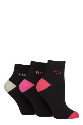 Ladies 3 Pair Elle Plain, Striped and Patterned Cotton Anklets with Smooth Toes Cherry Fizz Contrast 4-8