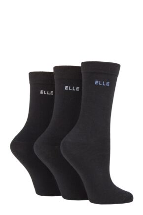 Ladies 3 Pair Elle Plain, Striped and Patterned Cotton Socks with Smooth Toes Black