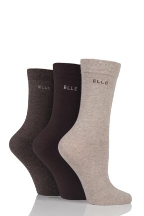 Ladies 3 Pair Elle Plain, Striped and Patterned Cotton Socks with Smooth Toes Cocoa 4-8 Ladies