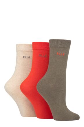 Ladies 3 Pair Elle Plain, Striped and Patterned Cotton Socks with Smooth Toes Rust Plain 4-8 Ladies