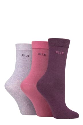 Ladies 3 Pair Elle Plain, Striped and Patterned Cotton Socks with Smooth Toes Wild Rose Plain 4-8 Ladies