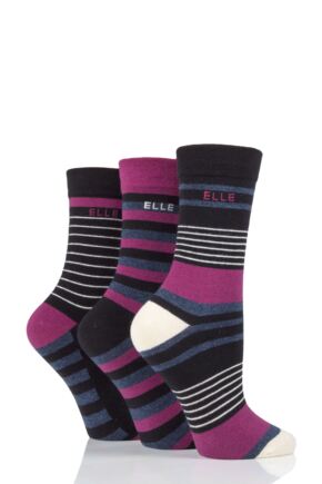 Ladies 3 Pair Elle Plain, Striped and Patterned Cotton Socks with Hand Linked Toes