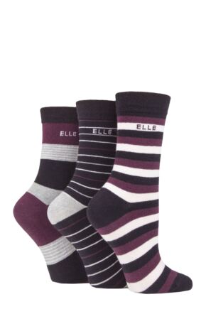 Ladies 3 Pair Elle Plain, Striped and Patterned Cotton Socks with Hand Linked Toes Beetroot / Black Stripe 4-8 Ladies