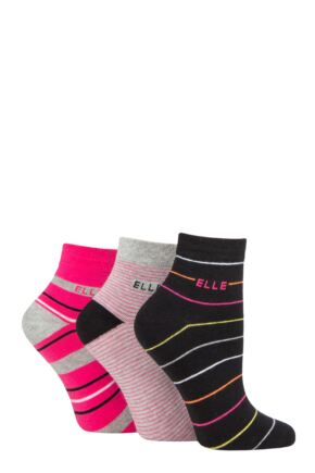 Ladies 3 Pair Elle Plain, Striped and Patterned Cotton Anklets with Hand Linked Toes Tropical Pink Stripe 4-8 Ladies