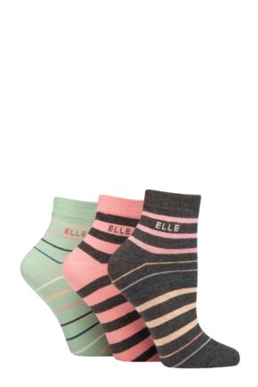 Ladies 3 Pair Elle Plain, Striped and Patterned Cotton Anklets with Smooth Toes