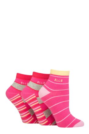 Ladies 3 Pair Elle Plain, Striped and Patterned Cotton Anklets with Smooth Toes Cherry Fizz Striped 4-8