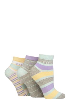 Ladies 3 Pair Elle Plain, Striped and Patterned Cotton Anklets with Smooth Toes Fresh Mint Striped 4-8
