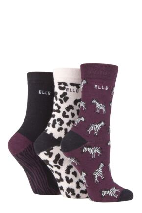 Ladies 3 Pair Elle Plain, Striped and Patterned Cotton Socks with Hand Linked Toes Shrinking Violet Safari 4-8 Ladies