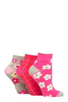 Ladies 3 Pair Elle Plain, Striped and Patterned Cotton Anklets with Smooth Toes Cherry Fizz Patterned 4-8