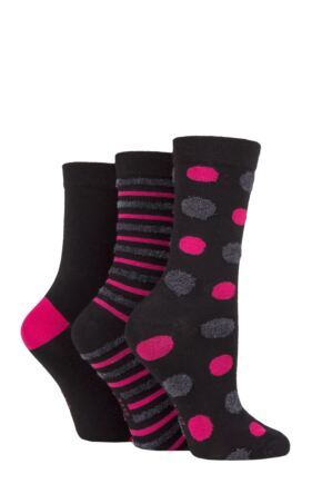 Ladies 3 Pair Elle Spotty and Stripe Feather Bamboo Socks Black 4-8 Ladies