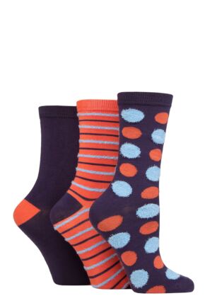 Ladies 3 Pair Elle Spotty and Stripe Feather Bamboo Socks