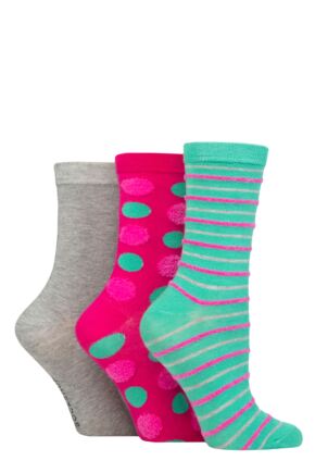 Ladies 3 Pair Elle Spotty and Stripe Feather Bamboo Socks Pink / Green 4-8