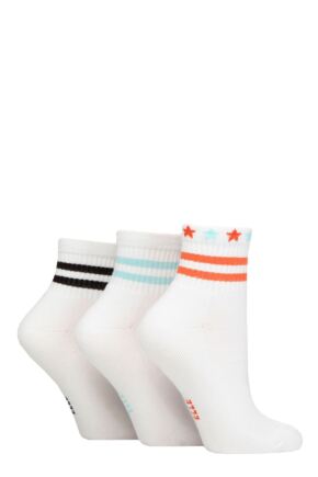 Ladies 3 Pair Elle Half Cushion Bamboo Sport Anklet Socks White Stripe 4-8