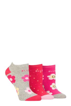 Ladies 3 Pair Elle Plain, Stripe and Patterned Cotton No-Show Socks Cherry Fizz Patterned 4-8