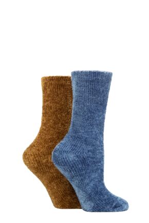 Ladies 2 Pair Elle Chenille Leisure Socks French Mustard 4-8