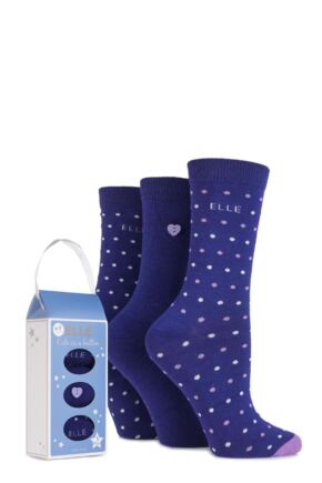 Ladies 3 Pair Elle Gift Boxed Cute as a Button Patterned Cotton Socks Purple 4-8