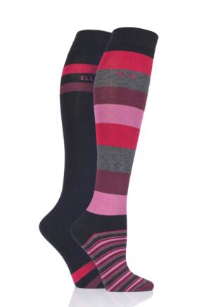 Ladies 2 Pair Elle Striped Cotton Knee High Socks Love Potion 4-8 Ladies